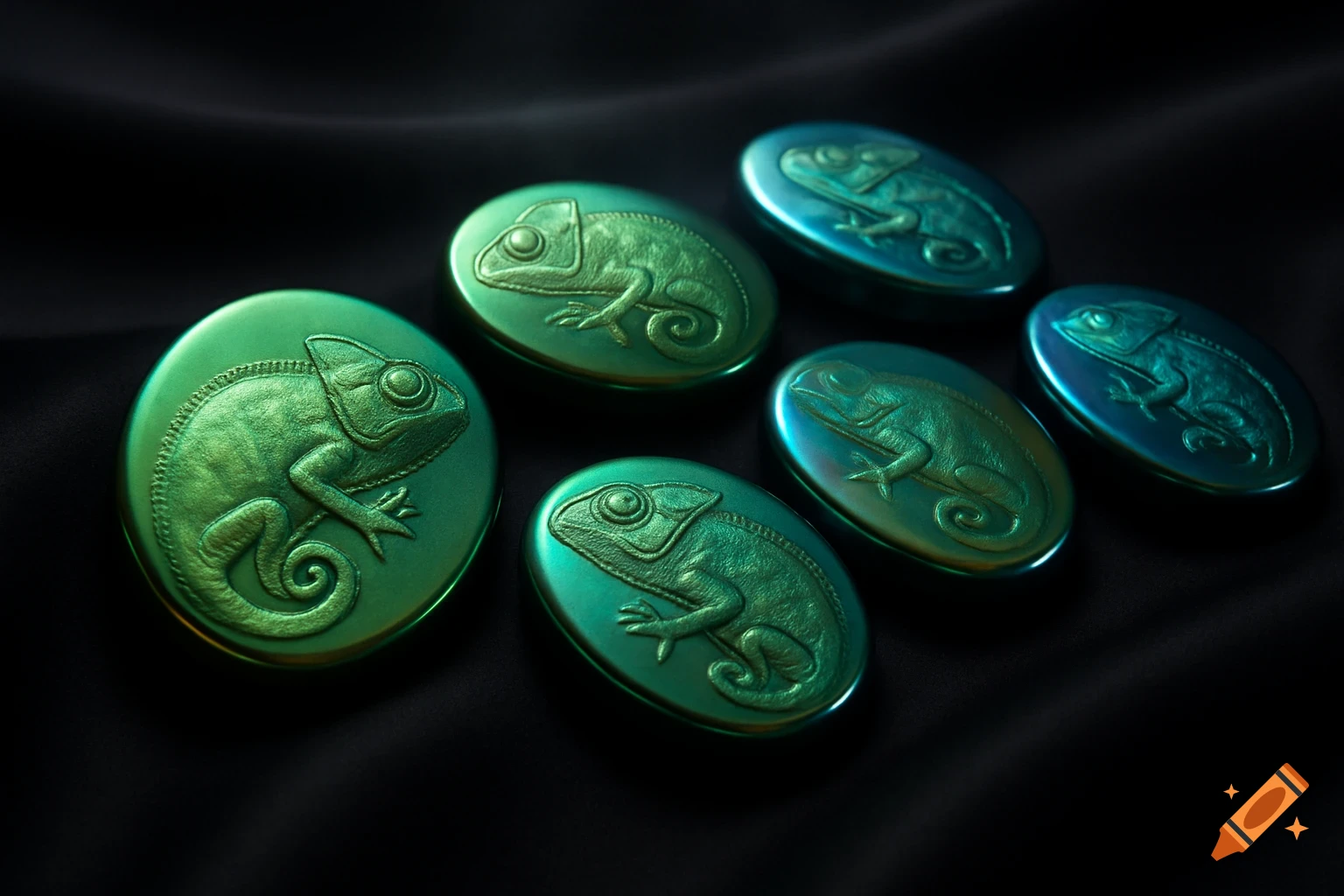 Several iridescent metallic green and blue oval pods, each embossed with a chameleon, rest on a dark, softly folded fabric.