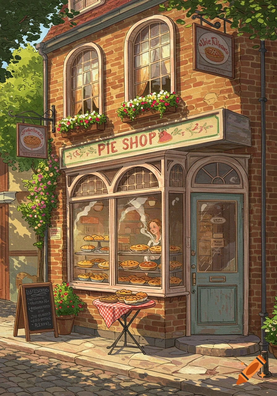 A charming, cartoon-style pie shop with a brick facade, arched windows, and a display of pies. A baker is visible inside.