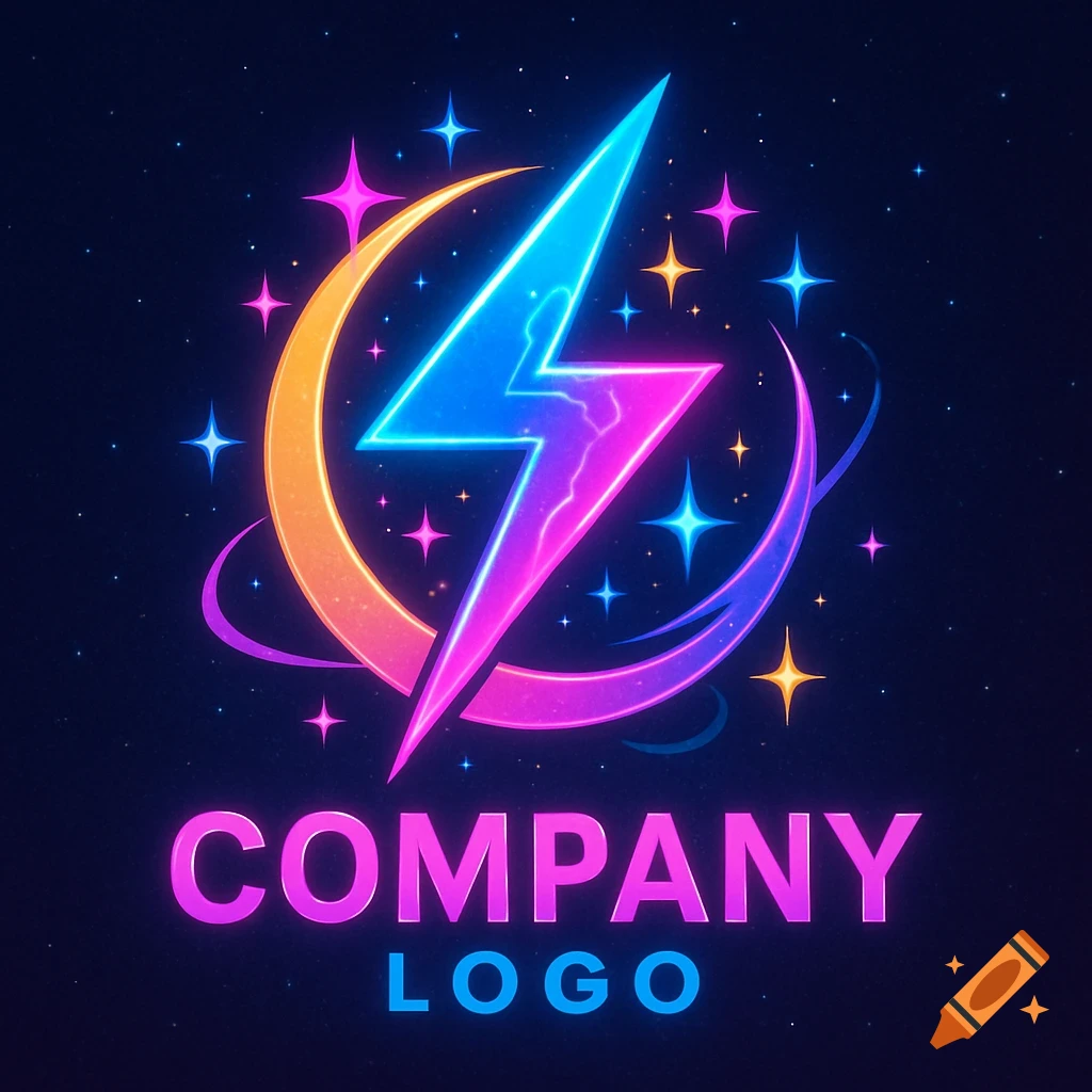 A vibrant neon logo featuring a blue and pink lightning bolt surrounded by orange and purple arcs and glowing stars, with 'COMPANY LOGO' text below.