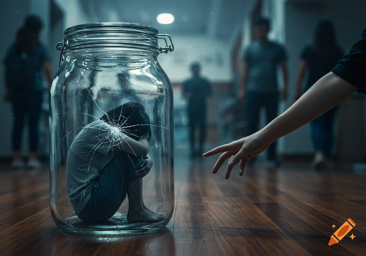 A person is curled up inside a large, cracked glass jar on a wooden floor, as a hand reaches towards it. Blurred figures walk by in the background.