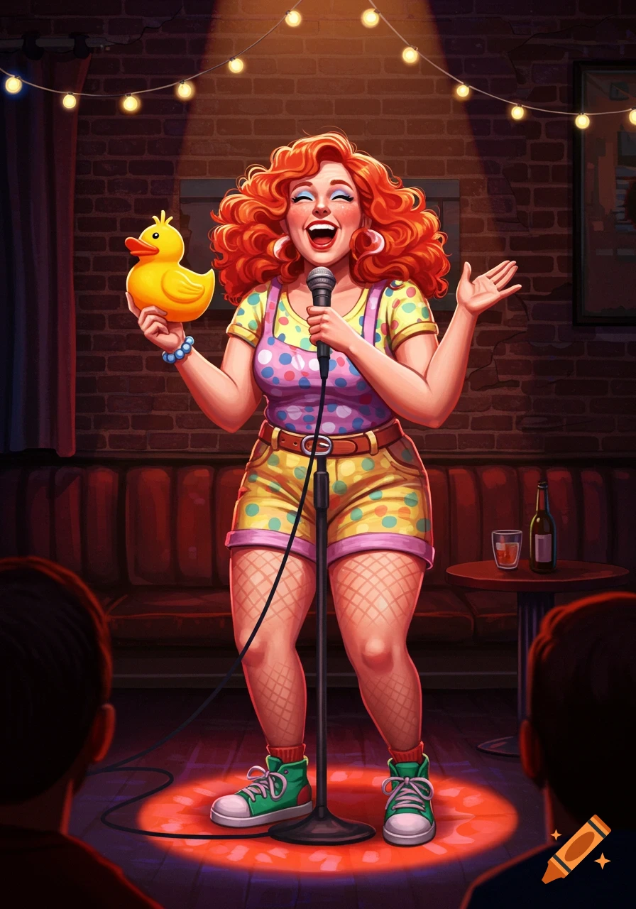 A joyful, red-haired female comedian holds a rubber duck and a microphone on stage, smiling brightly under a spotlight in a stylized illustration.