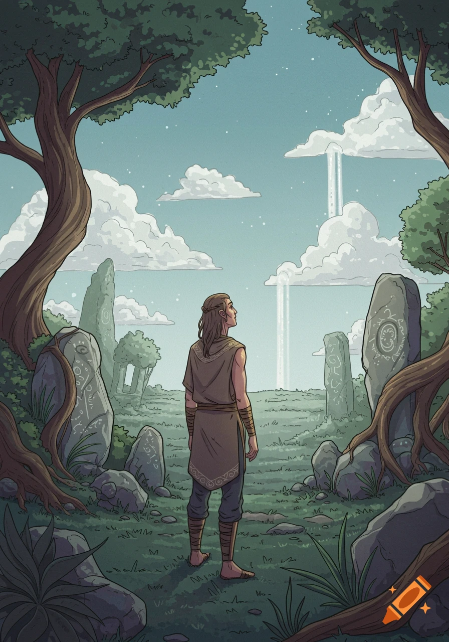 An illustrated man with long hair looks up at light pillars in a field of ancient standing stones and trees under a cloudy sky.