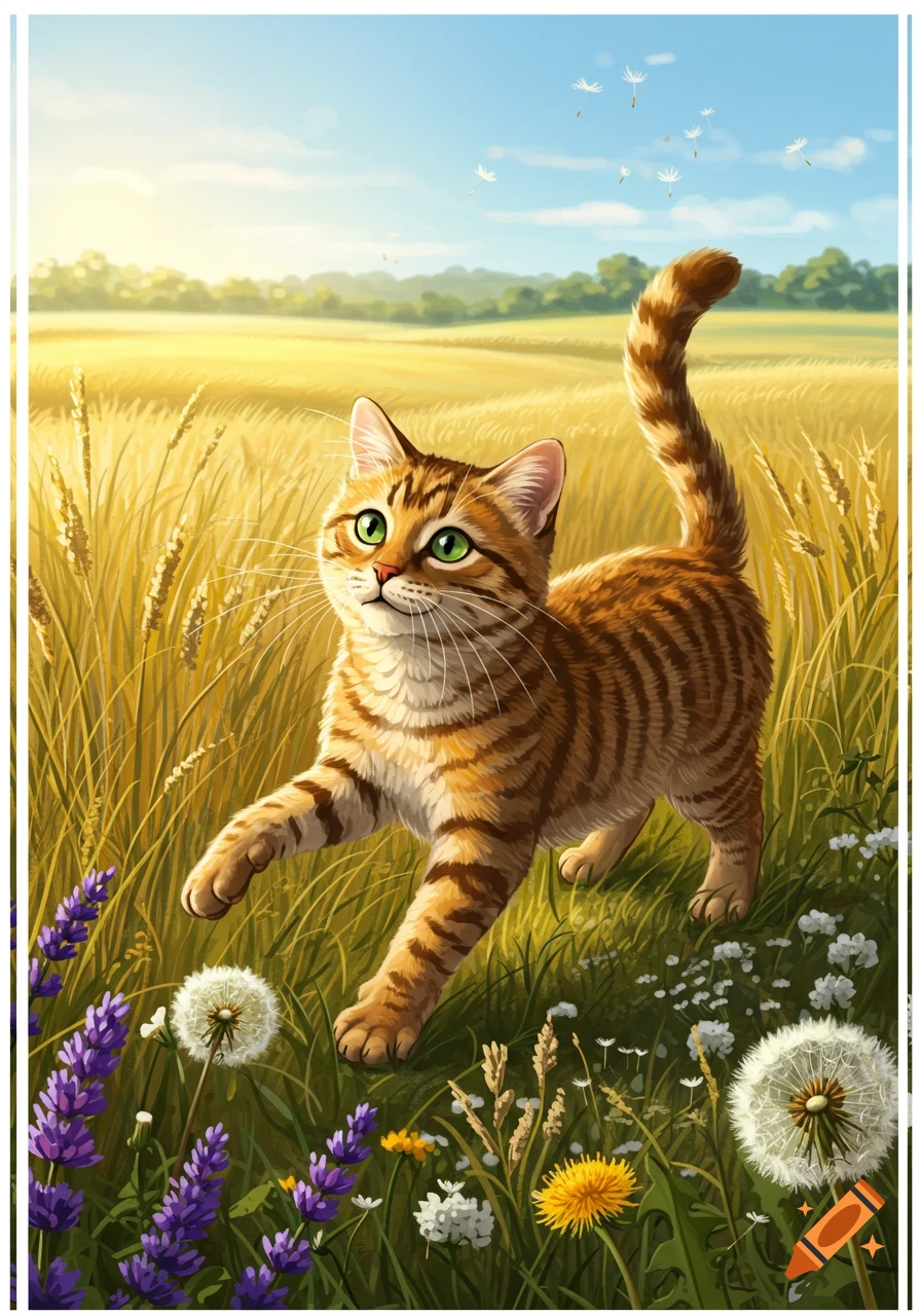 An orange tabby cat with green eyes prances through a sunny golden wheat field with purple and white wildflowers, illustrated in a vibrant style.