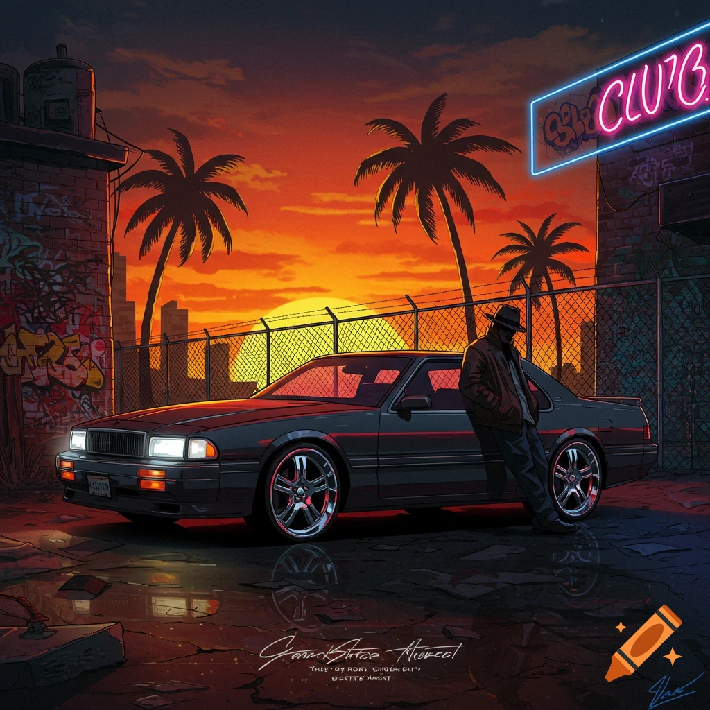 Stylized retro image of a man in a fedora leaning on a classic car at sunset, in an urban street with palm trees and a neon sign.
