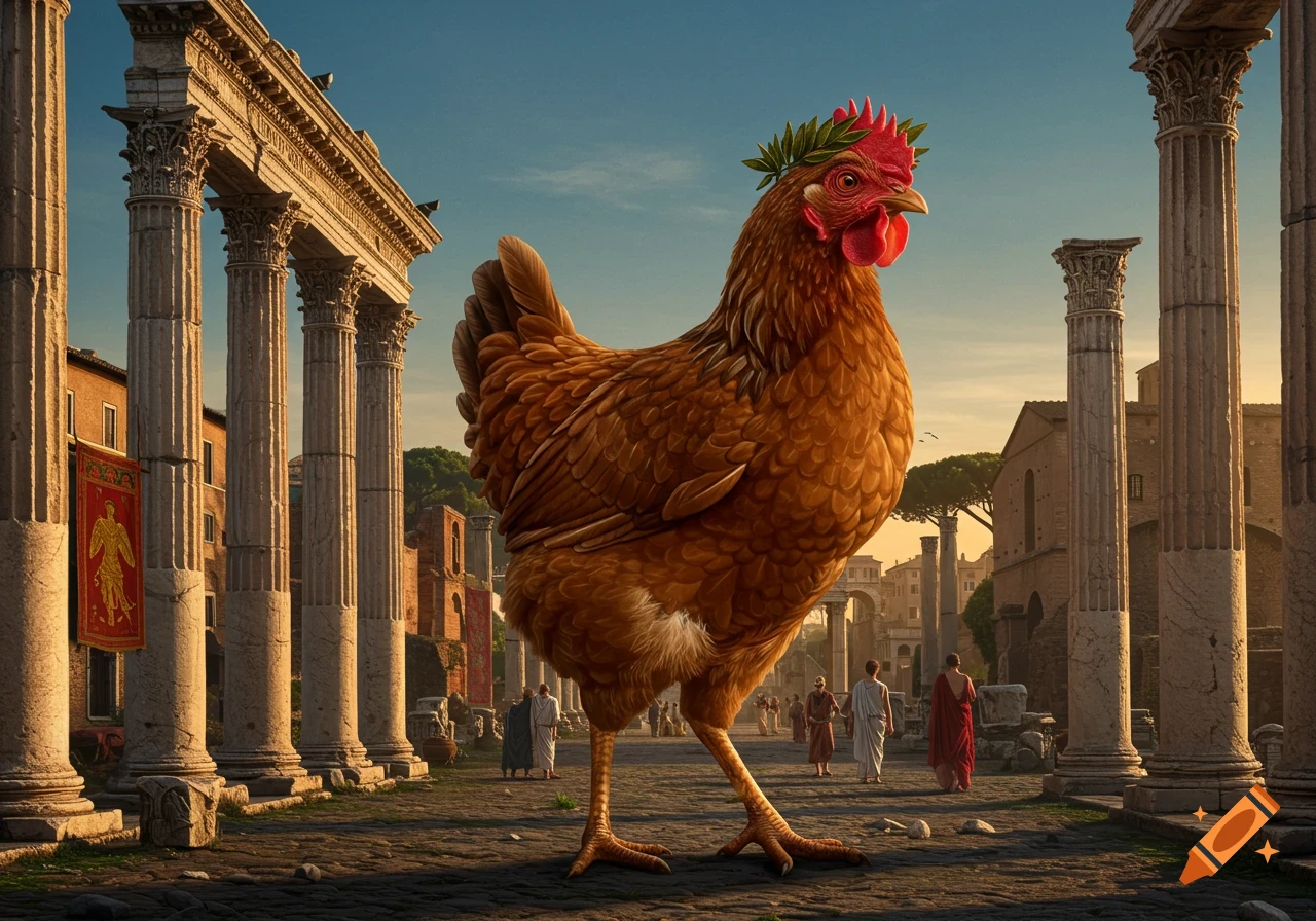 A giant brown chicken wearing a laurel wreath stands on a Roman street with ancient ruins and people in togas.