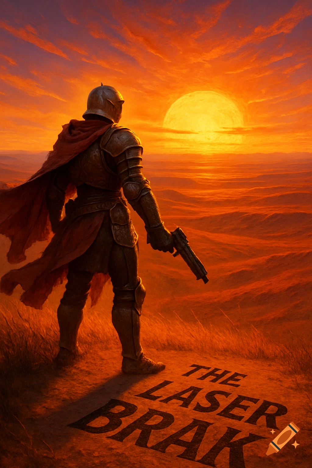 A warrior in dark armor and a red cape stands on a hill at sunset, looking out over a vast, arid landscape, holding a pistol. Text reads "THE LASER BRAK" on the ground.