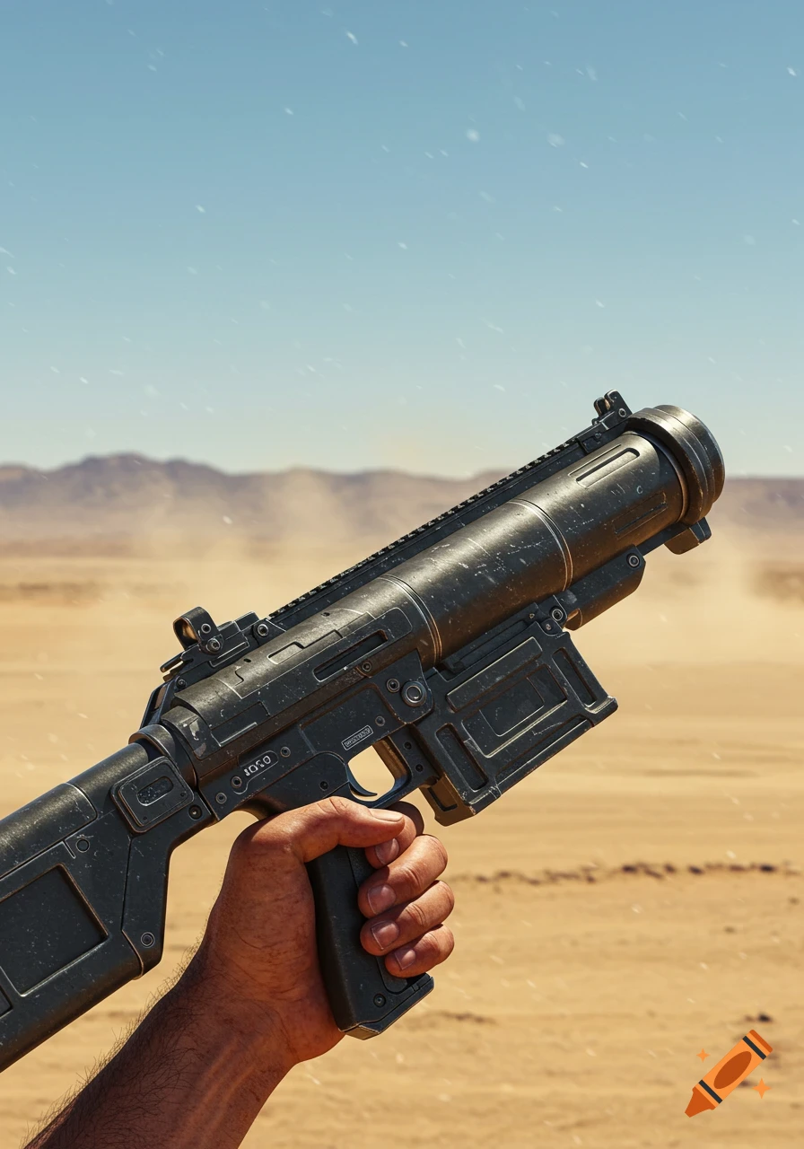 A hand holds a dark grey rocket launcher in a desert landscape under a clear blue sky.