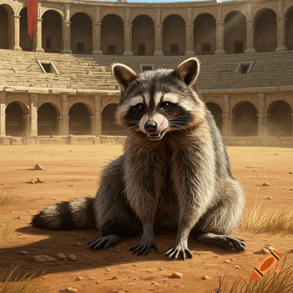 A dusty raccoon with a black eye sits in a sandy ancient Roman arena.