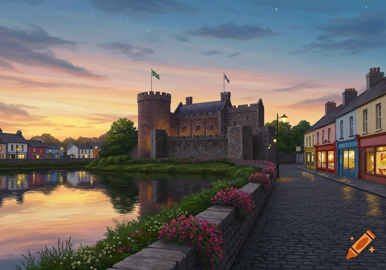 An illustrated scene of a medieval castle and colorful town by a river at sunset, with a cobblestone path lined with flowers.