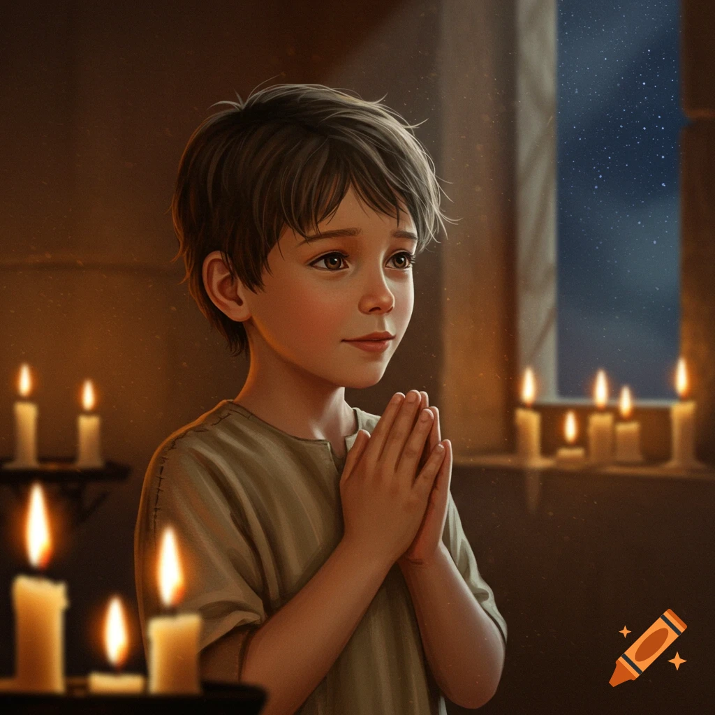 A young boy with brown hair, dressed in simple clothing, praying with hands clasped, surrounded by glowing candles and a starry night visible through a window.