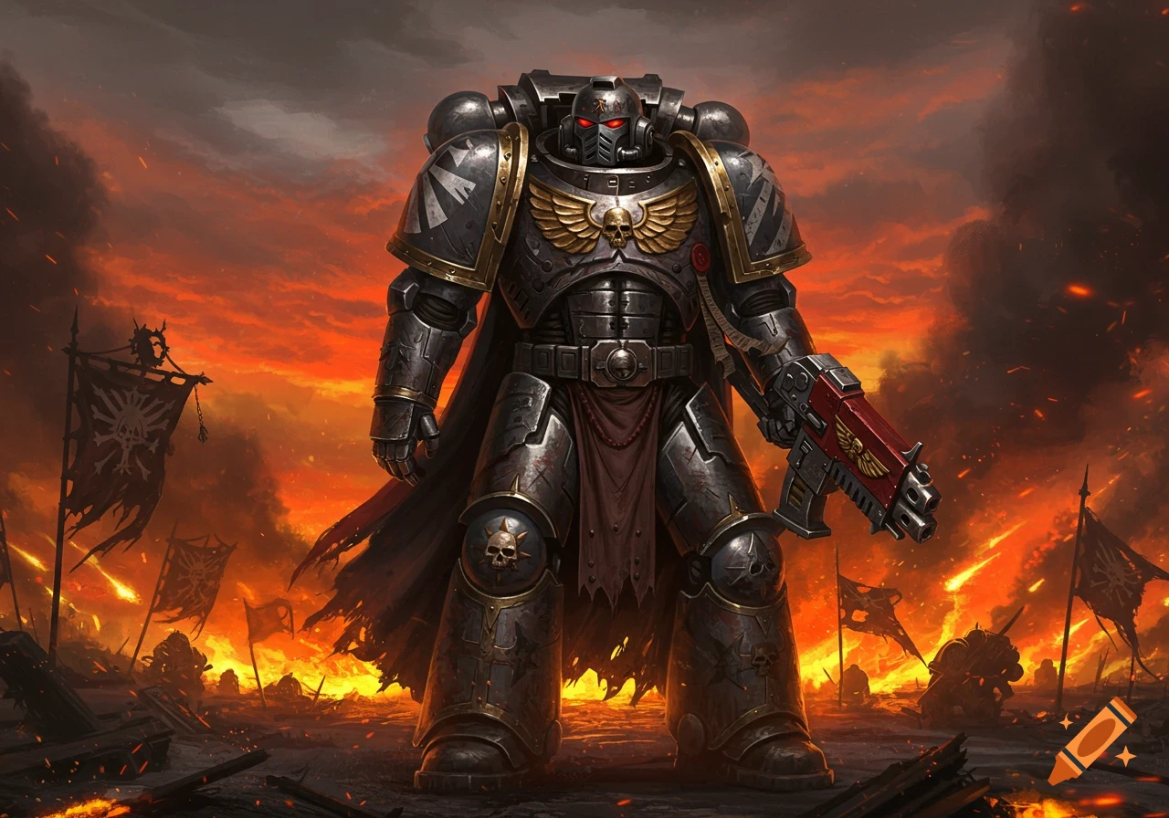 A heavily armored Warhammer Space Marine stands in a fiery, war-torn landscape, holding a red and black gun.