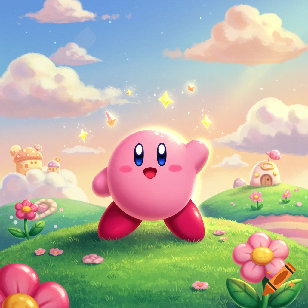 A cute pink Kirby stands on a green hill with flowers, whimsical houses, and a blue sky with pink clouds.