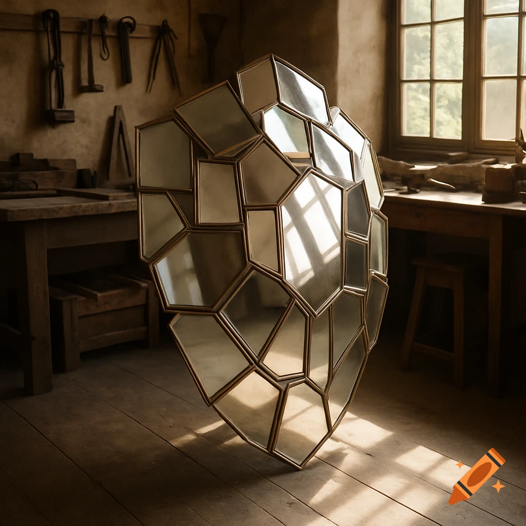A shield-like sculpture made of polygonal mirrors stands on a wooden floor in a rustic workshop, illuminated by sunlight.