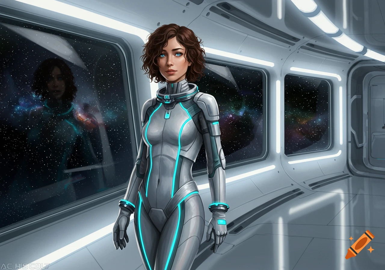 A woman with curly brown hair and blue eyes in a white and teal space suit stands in a futuristic spaceship corridor looking out at space.