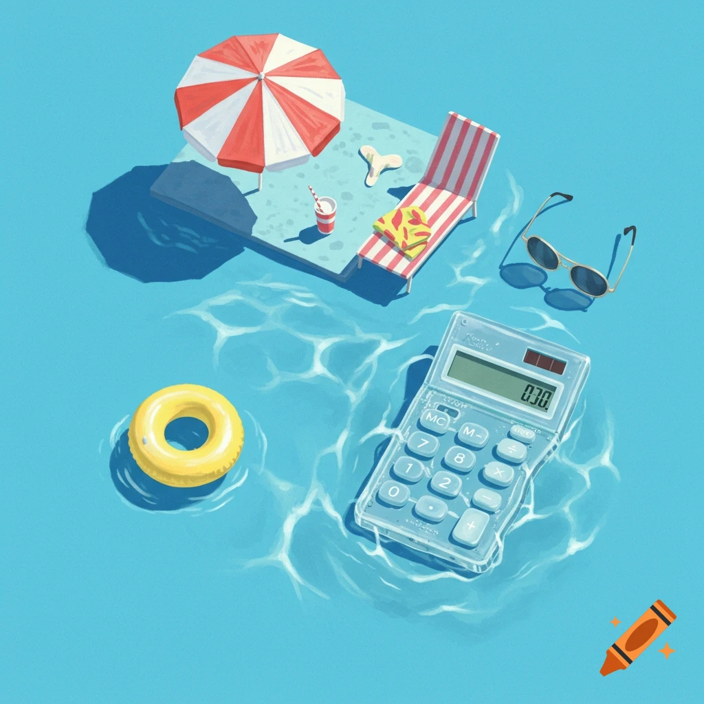 An overhead stylized illustration of a pool scene with an umbrella, lounge chair, inflatable ring, sunglasses, and a calculator floating in blue water.