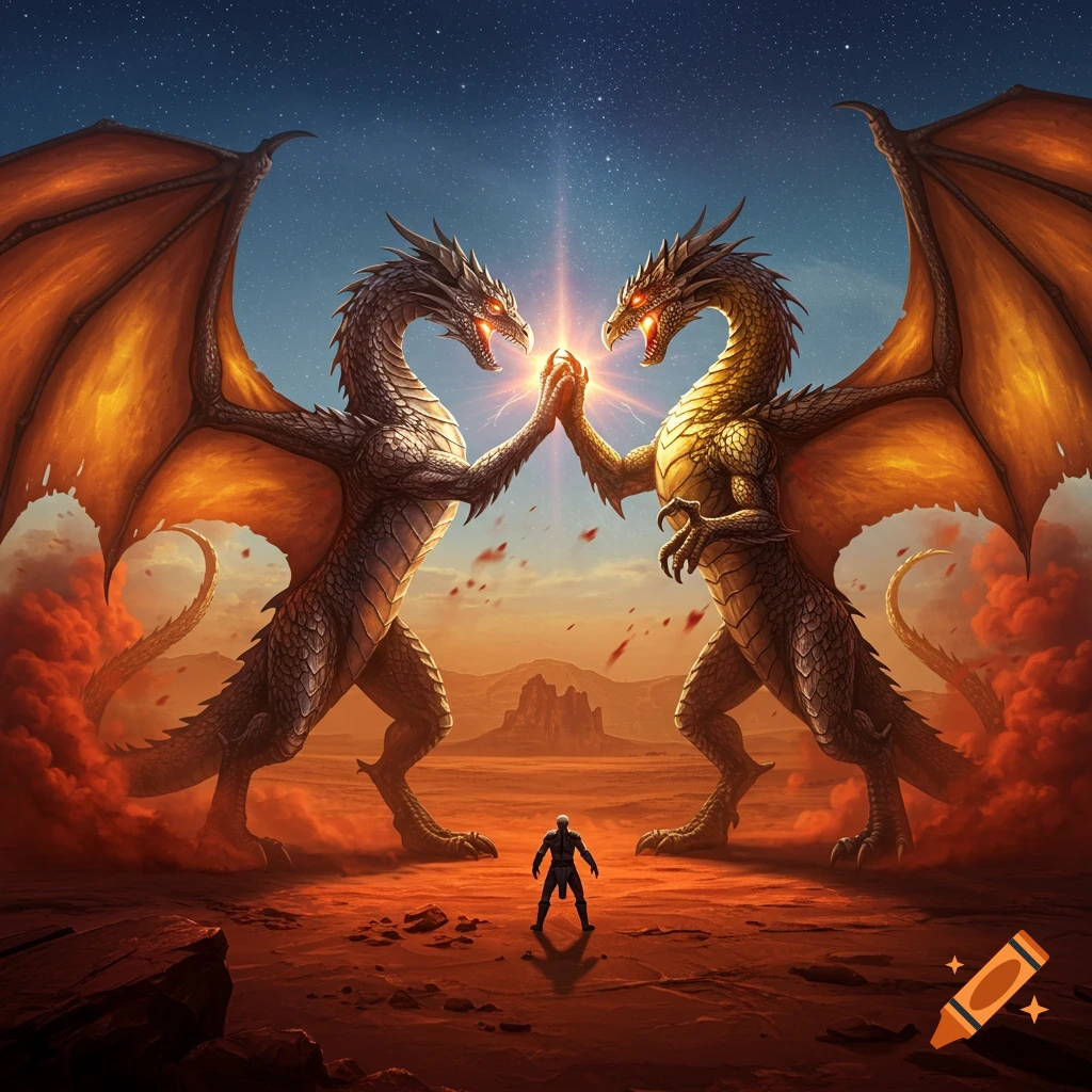 Two large dragons, one silver and one gold, high-five in a reddish Martian desert under a starry sky, with a small human figure standing below.