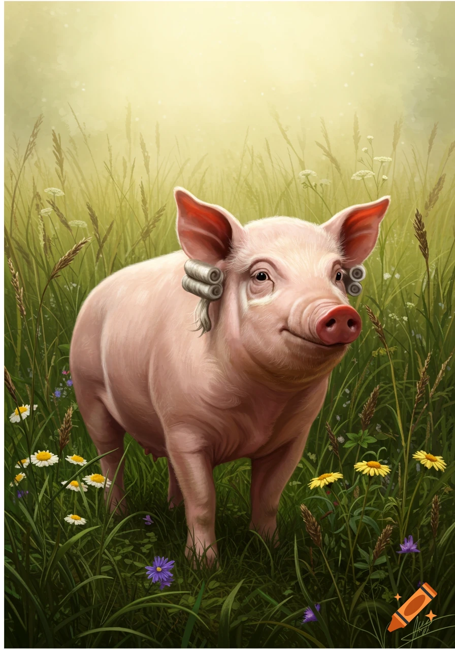 A pig wearing a white historical wig stands in a sunny, green field filled with wildflowers.