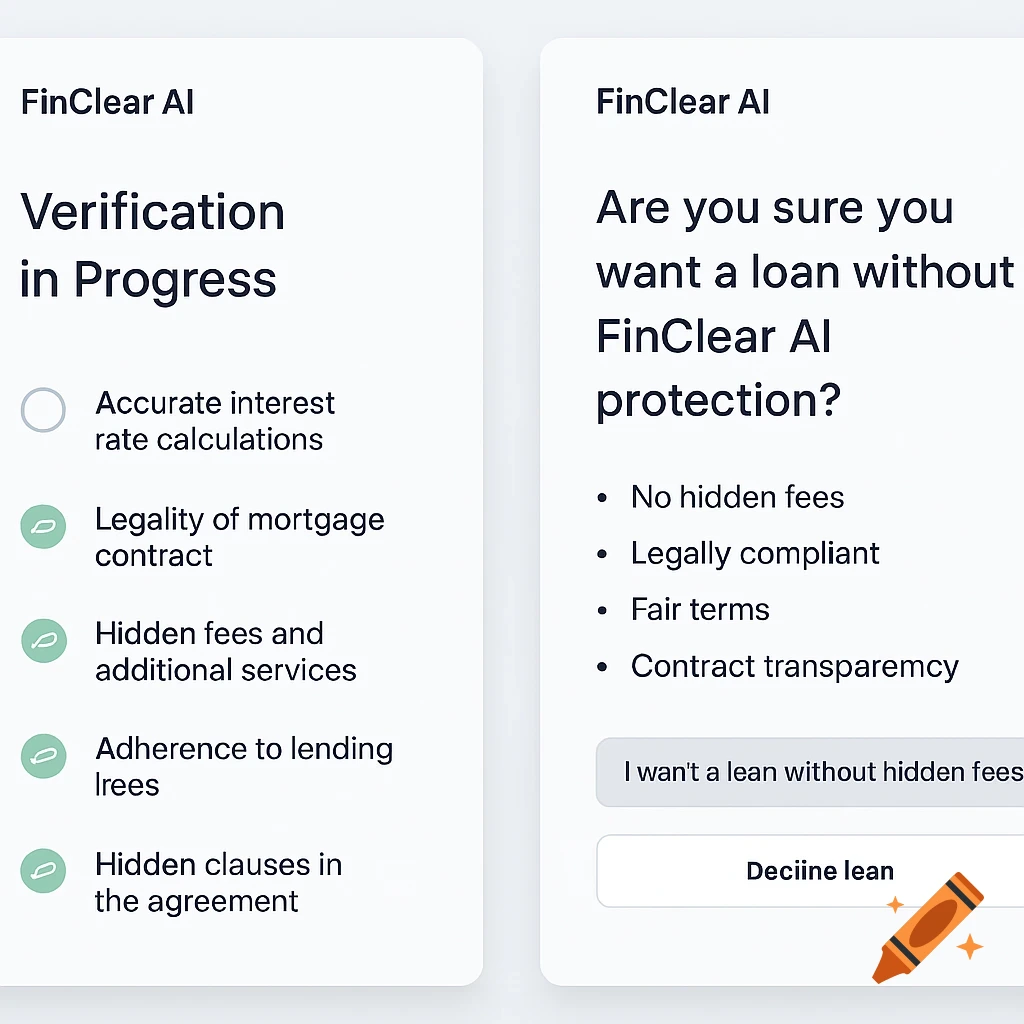 A white minimalist FinClear AI software interface showing two panels: one for 'Verification in Progress' with checkboxes, and another asking 'Are you sure you want a loan without FinClear AI protection?'