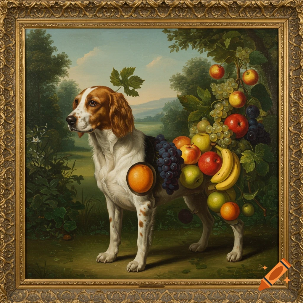 A classical painting of a dog in a verdant landscape, its body in mid-transformation, adorned with various fruits like grapes, apples, and bananas, all within an ornate golden frame.