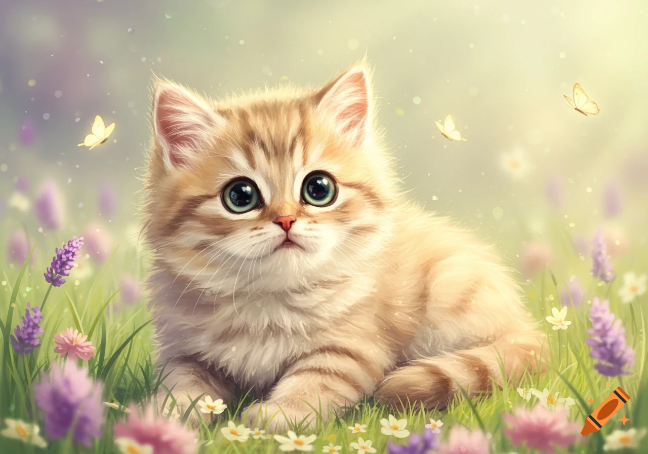 A cute, fluffy orange tabby kitten with big green eyes sits in a sunny field of purple and white flowers, with butterflies fluttering nearby.