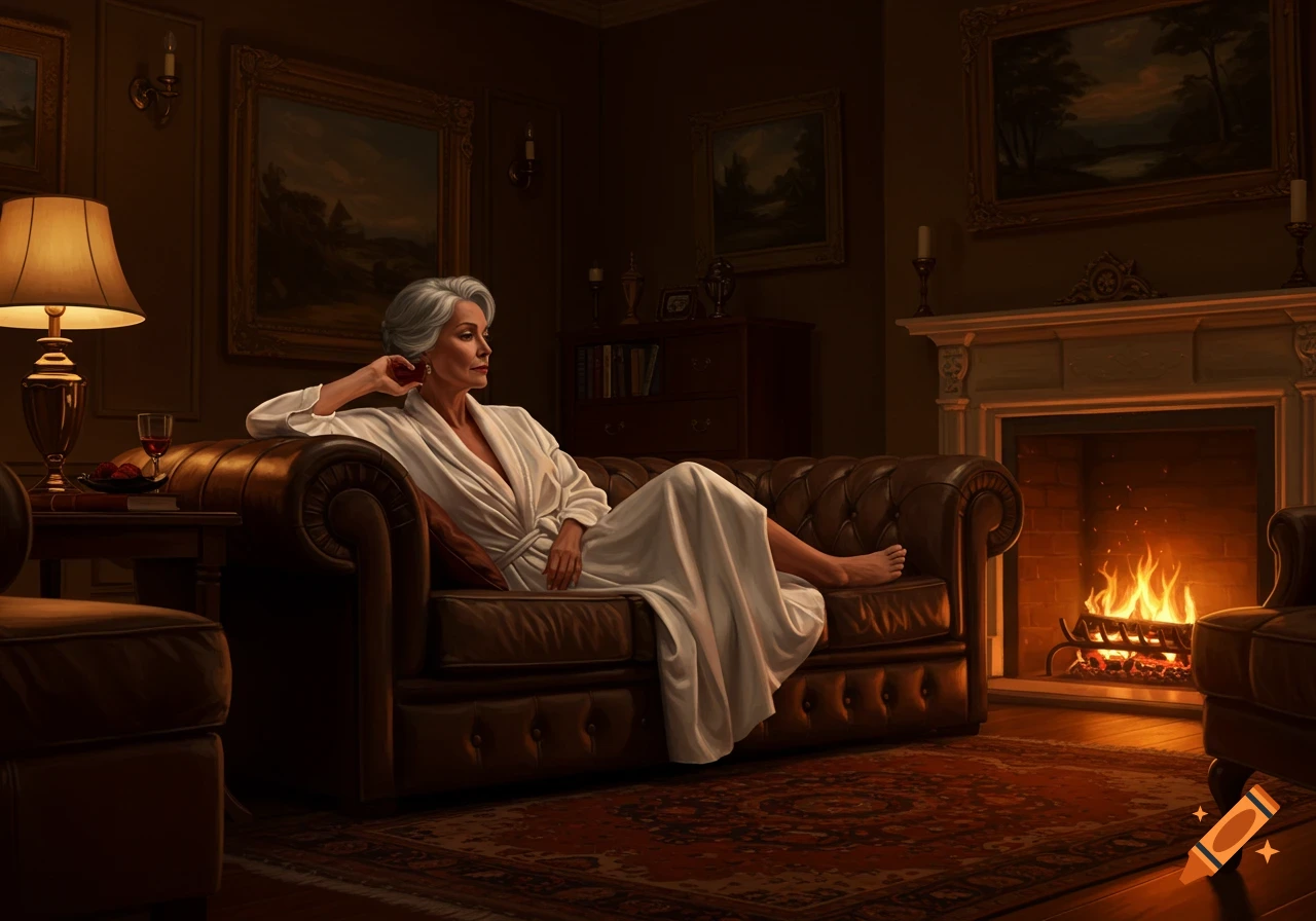 A mature woman in a white robe relaxes on a leather couch in a cozy, dim living room with a lit fireplace.