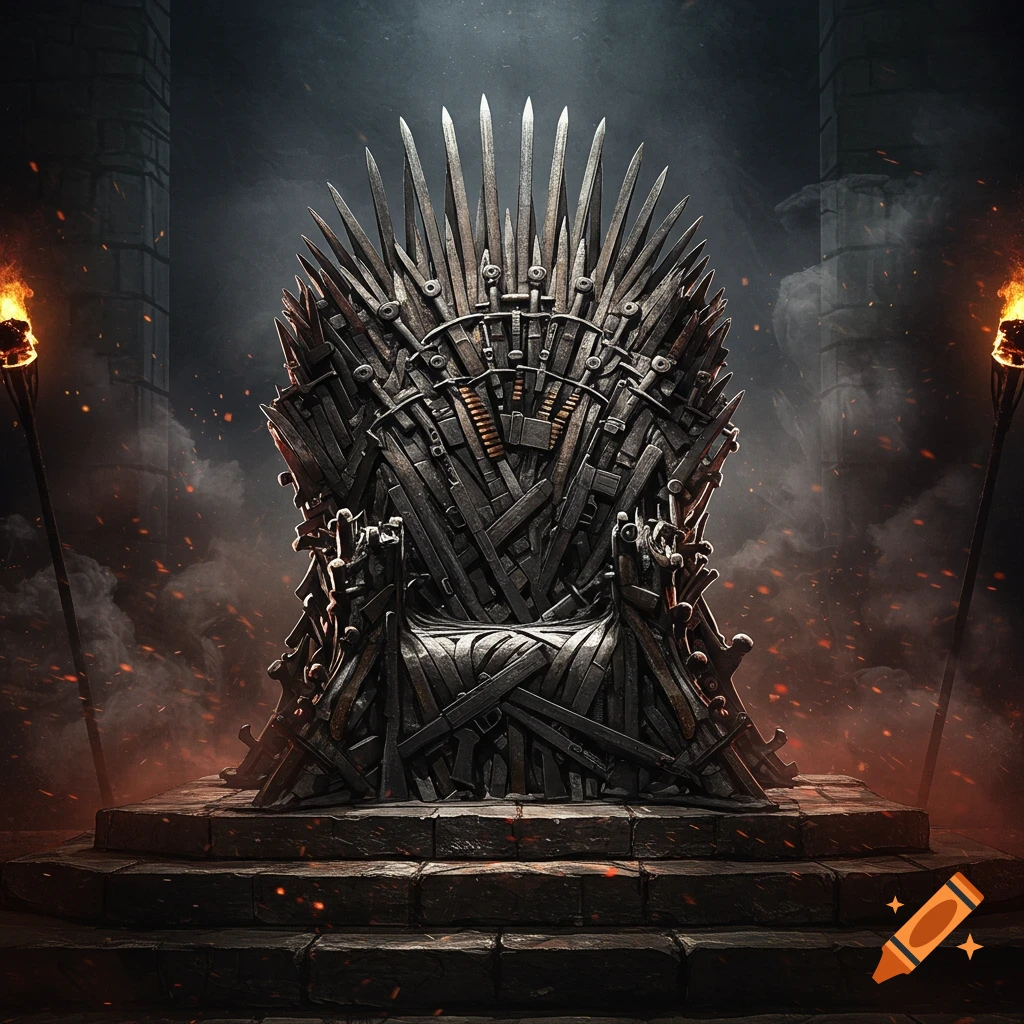 A dark, ominous throne made from various machine guns sits on a stone dais, flanked by flaming torches in a fantasy setting.