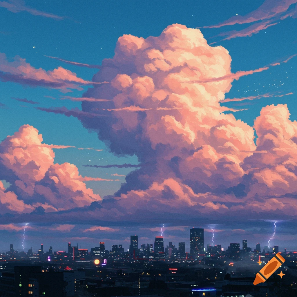 Stylized anime cityscape at night with pink and purple clouds and lightning over dark buildings.