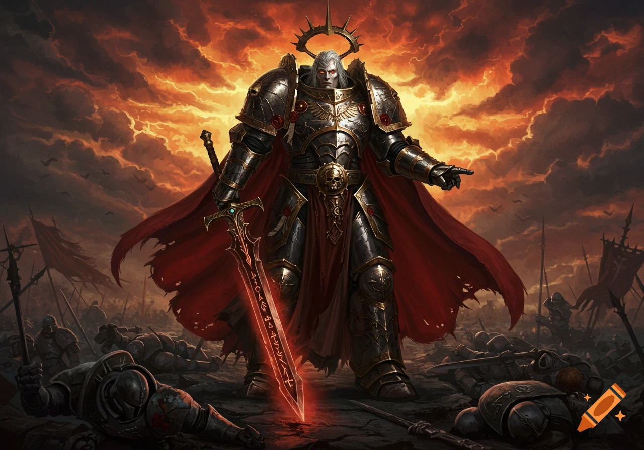 A heavily armored warrior with white hair and red eyes stands on a battlefield filled with fallen soldiers, holding a glowing red sword under a fiery, stormy sky.