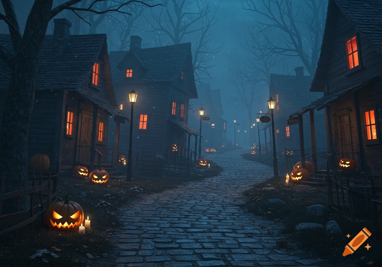 A cobblestone street winds through a spooky, foggy Halloween town at night, with dark houses, bare trees, and glowing jack-o'-lanterns.