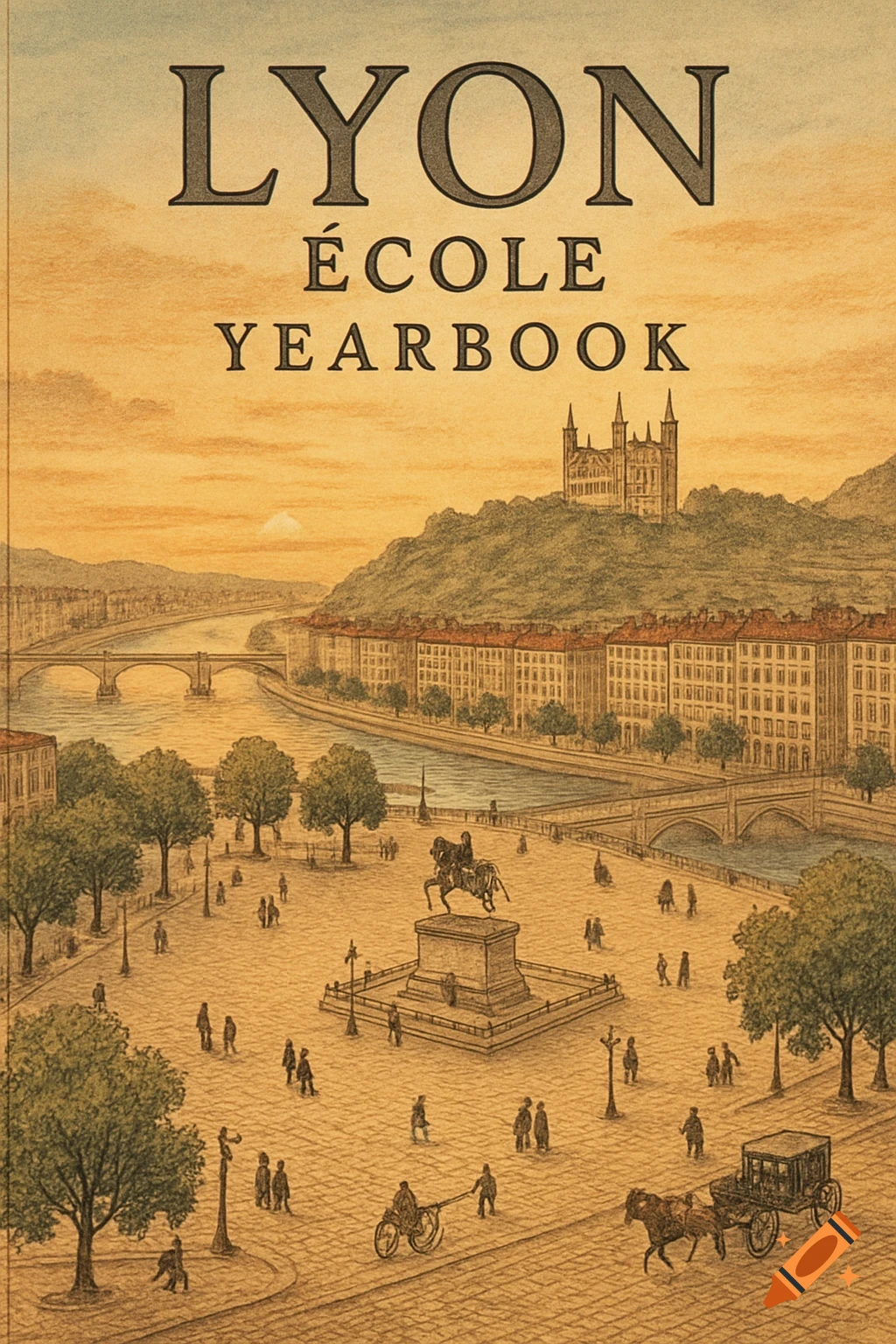 A vintage drawing of Lyon, France, with a large square, river, and buildings, featuring text 'LYON ÉCOLE YEARBOOK' on top.
