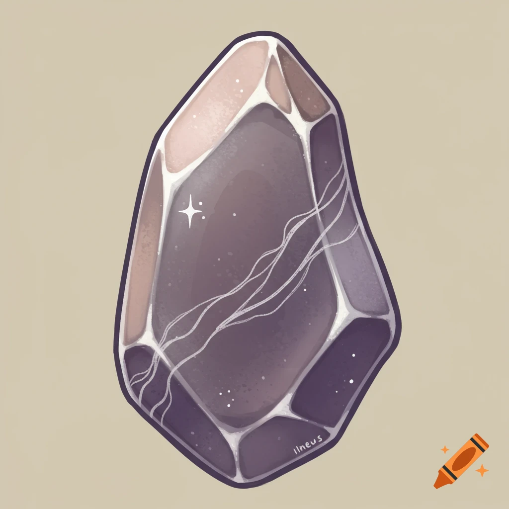 A hand-drawn, dark purple stylized gemstone with flowing white lines and sparkles against a beige background.