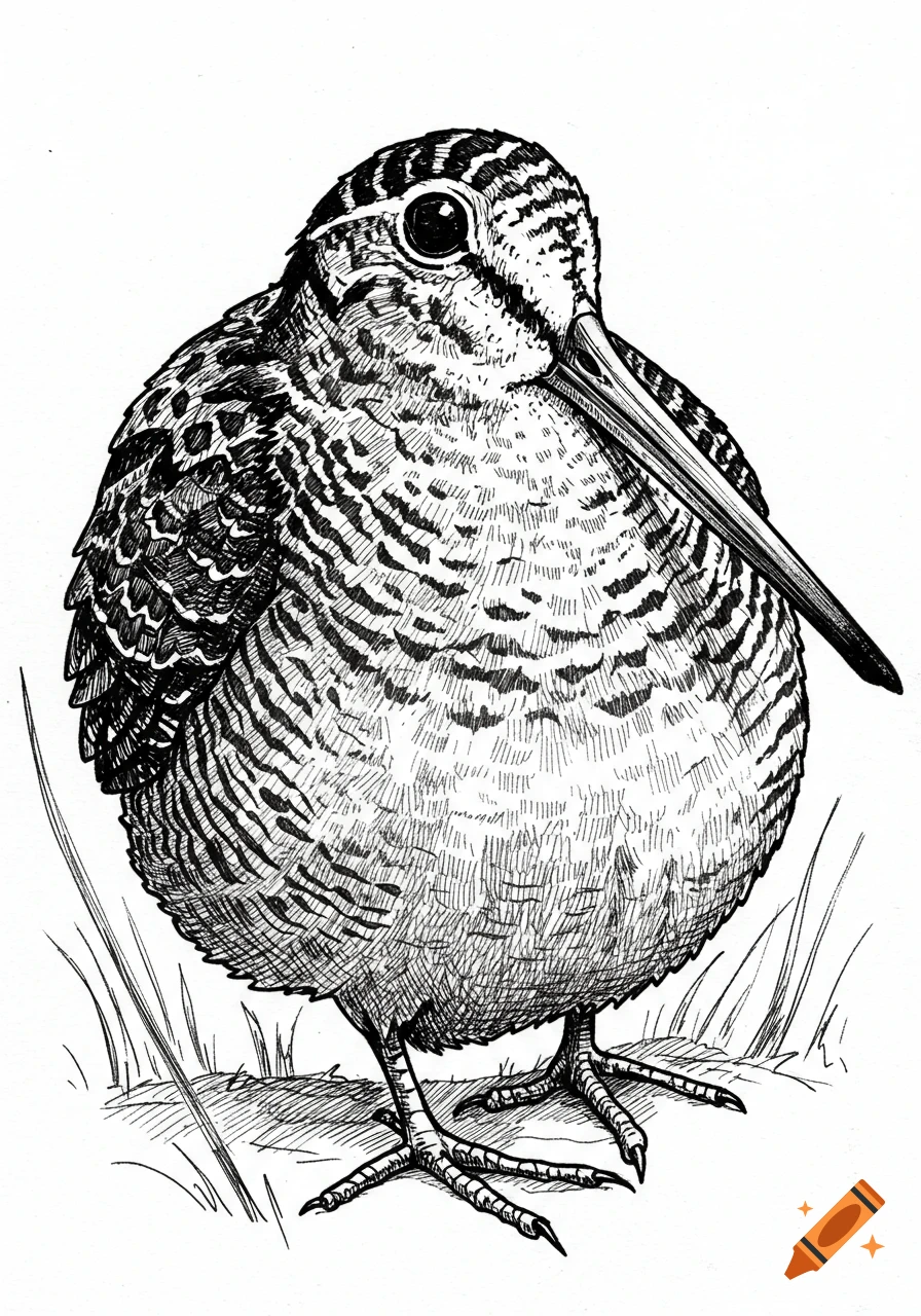 A black and white ink sketch of an American woodcock standing in grass, featuring detailed feather patterns and a long beak.