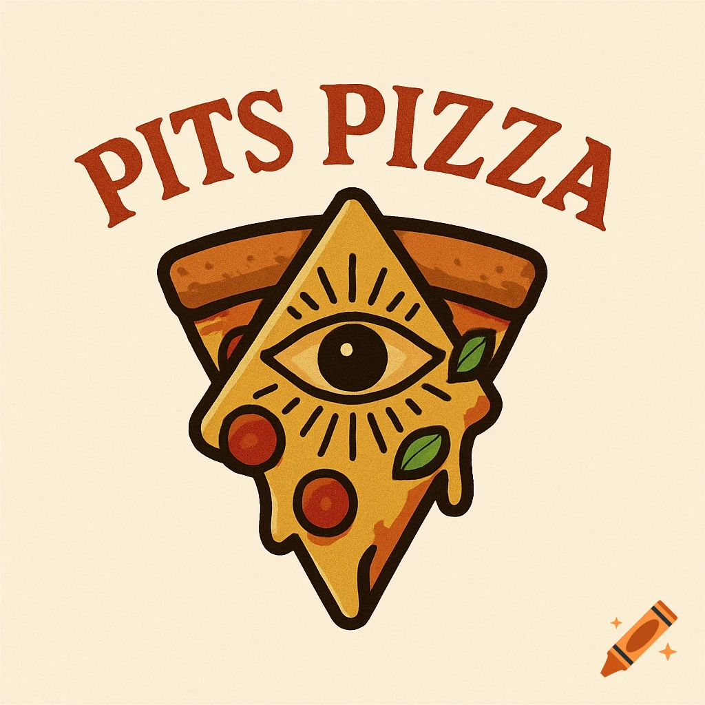 A retro-style pizza logo featuring a pizza slice designed as an Illuminati eye with pepperoni and basil, and the text PITS PIZZA above.