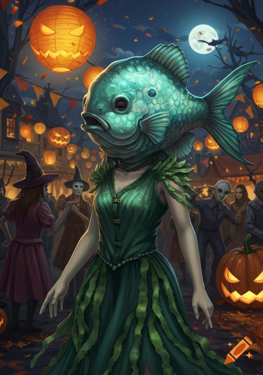 A woman in a fish head mask and green dress attends a Halloween night market lit by glowing jack-o'-lanterns and a full moon, digital art.
