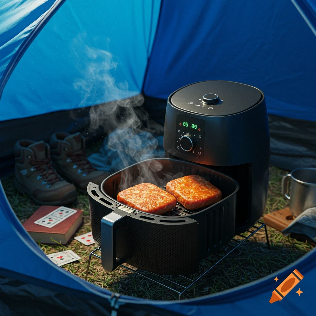 Photorealistic image of an air fryer cooking two square sausages inside a blue tent, with hiking boots and playing cards nearby.