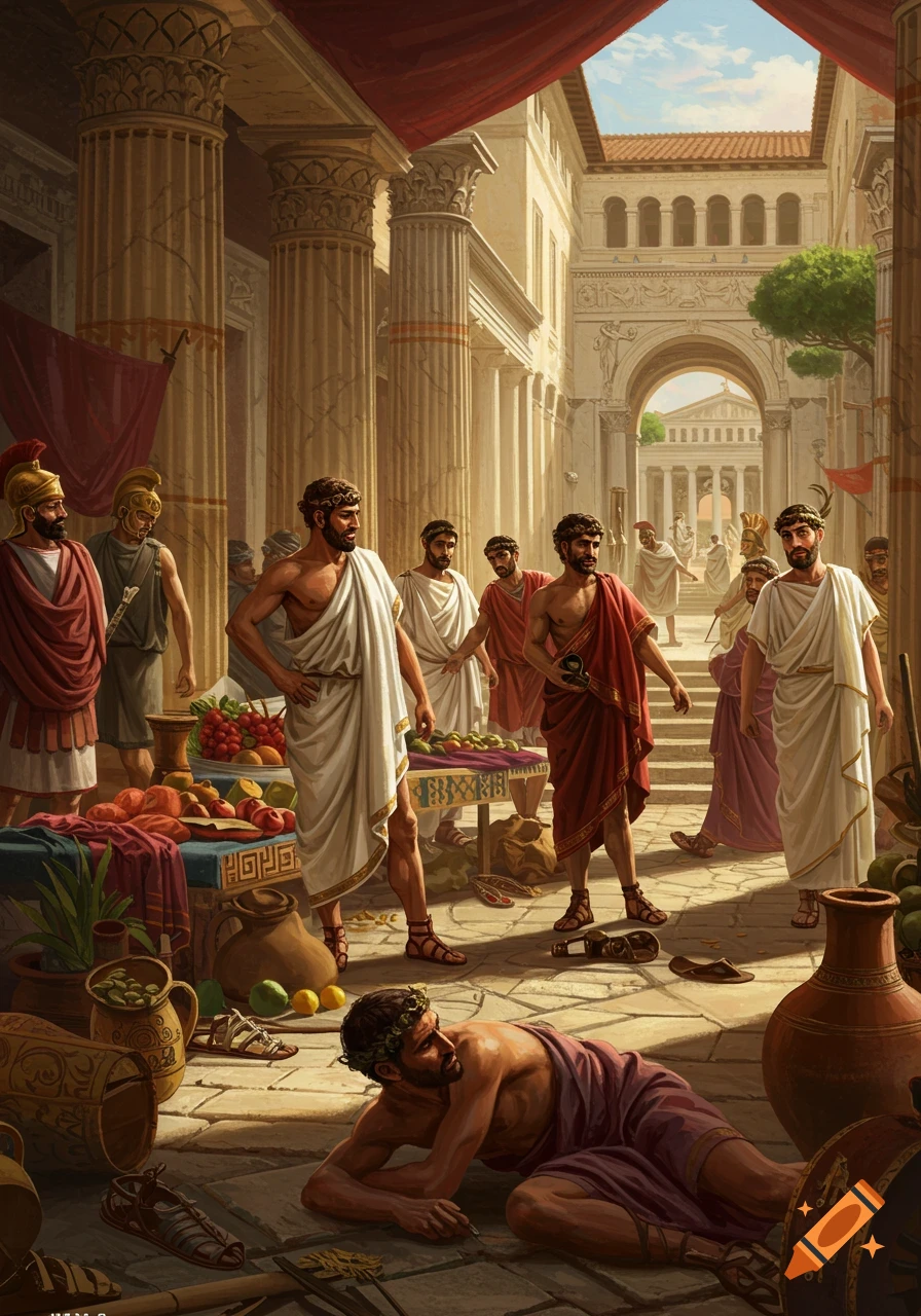 A vibrant ancient Roman street scene illustration, with men in togas, market stalls laden with goods, and a man prone on the cobblestones.
