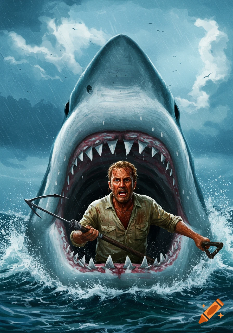 Terrified man with a harpoon emerging from the gaping mouth of a great white shark in stormy, rainy waters, digital illustration.