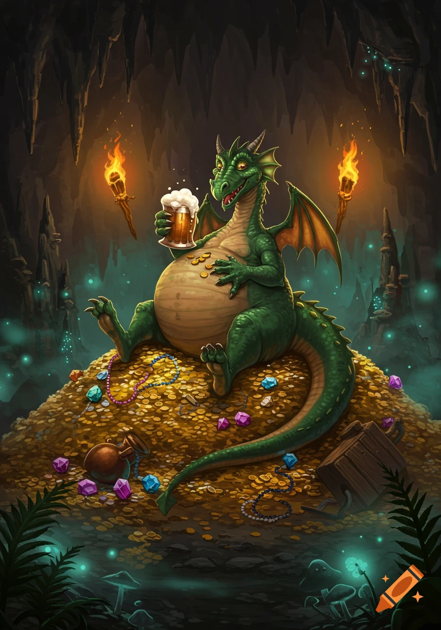A cartoon green dragon with a beer sits atop a huge pile of gold and jewels inside a torch-lit cave.