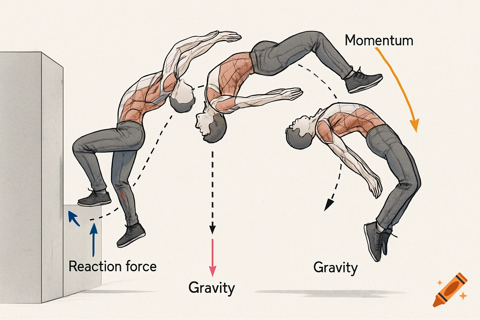 An illustrated diagram of a person performing a backflip off a wall, with arrows labeling momentum, gravity, and reaction force.
