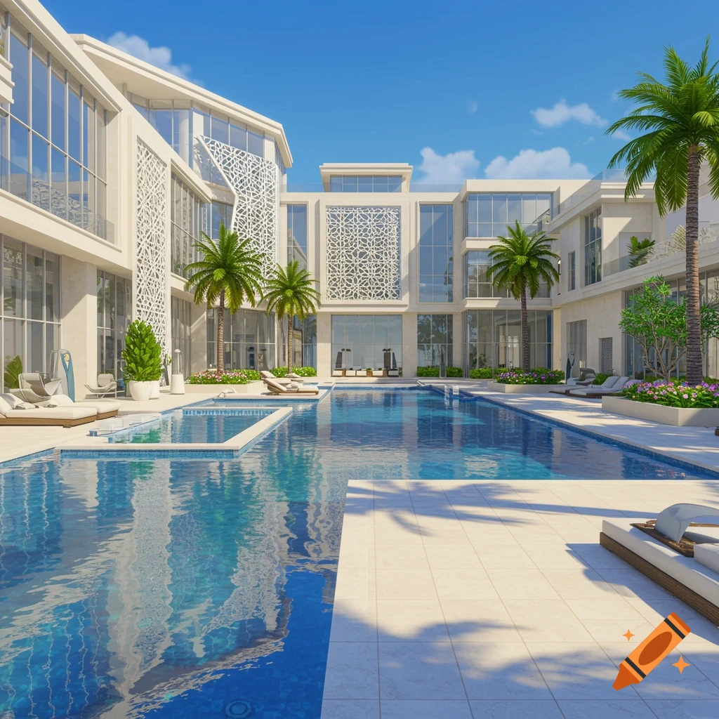 A modern, large Dubai mansion with multiple swimming pools, palm trees, and elegant white architecture under a clear blue sky.