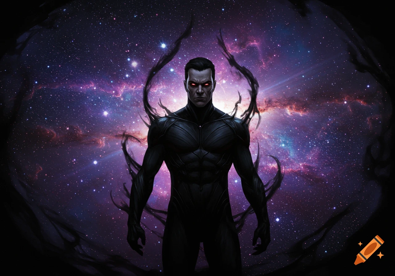 A dark-suited figure with glowing red eyes and a black aura stands against a vibrant cosmic background.