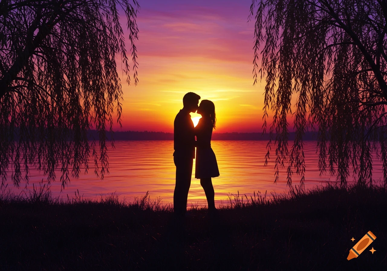 A silhouetted couple kisses by a tranquil lake at sunset, framed by weeping willows.