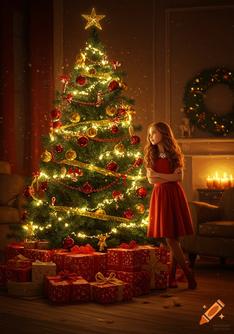 A young girl with brown hair stands by a brightly lit Christmas tree surrounded by wrapped presents in a warm, festive room.