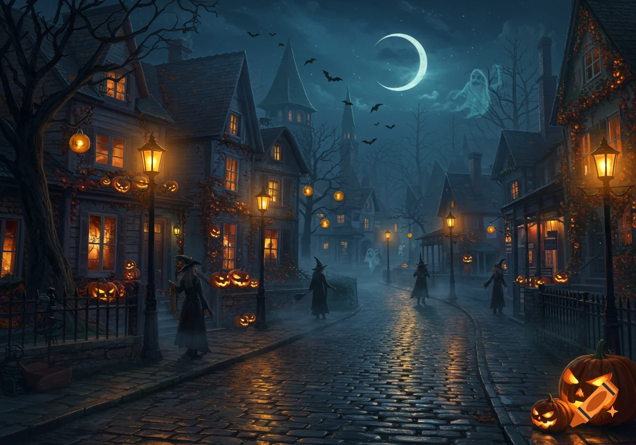 A moonlit cobblestone street in a spooky Halloween town with illuminated houses, jack-o'-lanterns, witches, and ghosts.