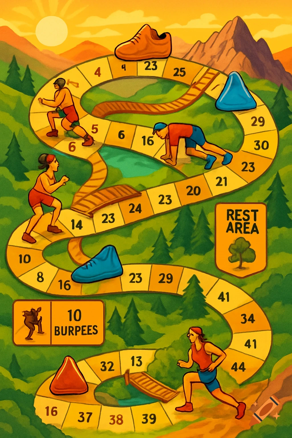 A colorful illustrated board game about trail running in the mountains, featuring players, shoes, and challenge squares like "REST AREA" and "10 BURPEES."