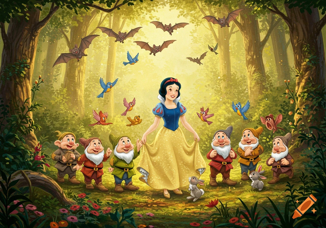 Snow White and the Seven Dwarves smile happily in a vibrant forest with birds, bats, and bunnies, in an animated style.