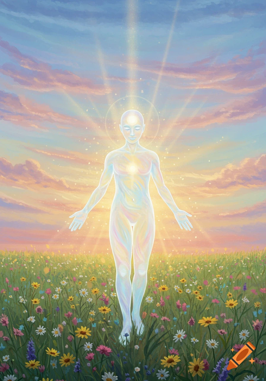 A luminous, ethereal humanoid figure stands in a colorful wildflower meadow under a glowing sunset sky, radiating light.