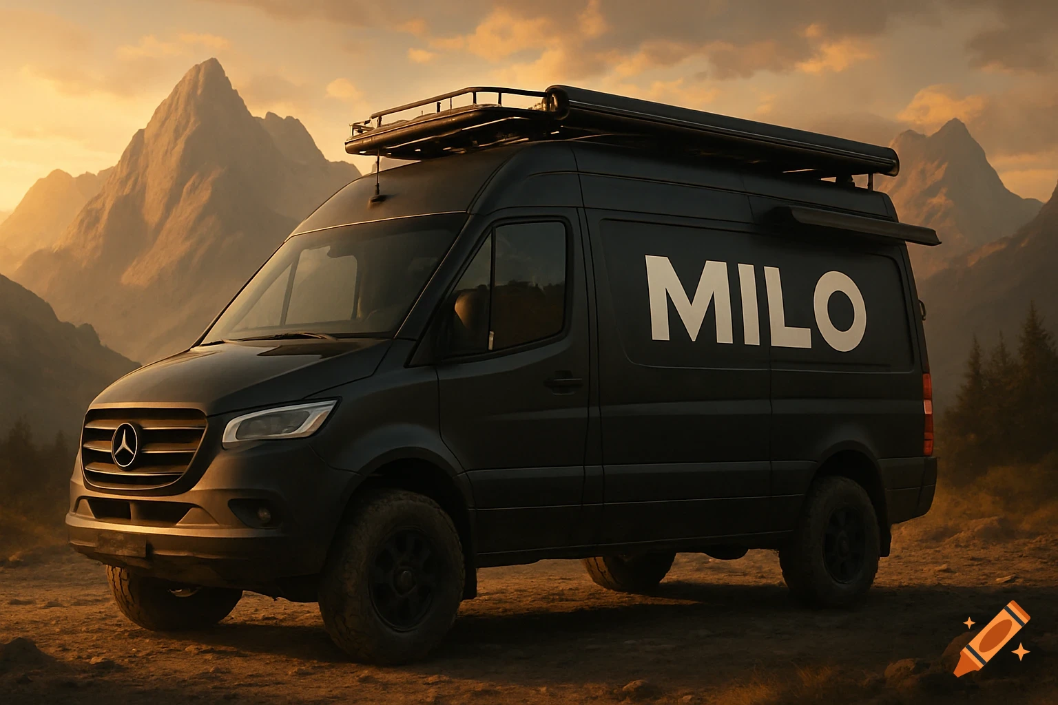 A black Mercedes Sprinter 4x4 van with 'MILO' written on its side, parked on a dirt road in a mountainous landscape at sunset, photorealistic.