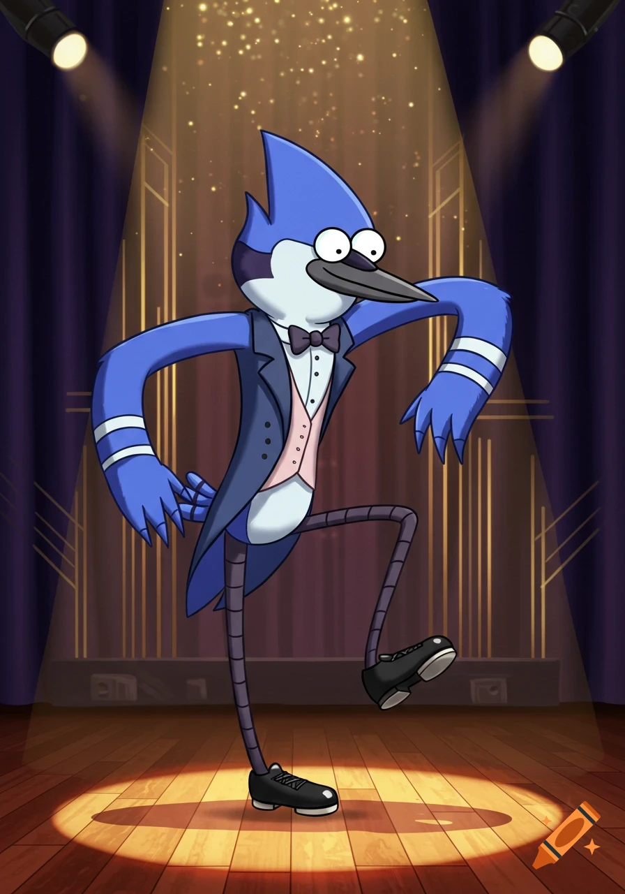 Mordecai from Regular Show tap dances on a spotlighted wooden stage in a tuxedo with black tap shoes.
