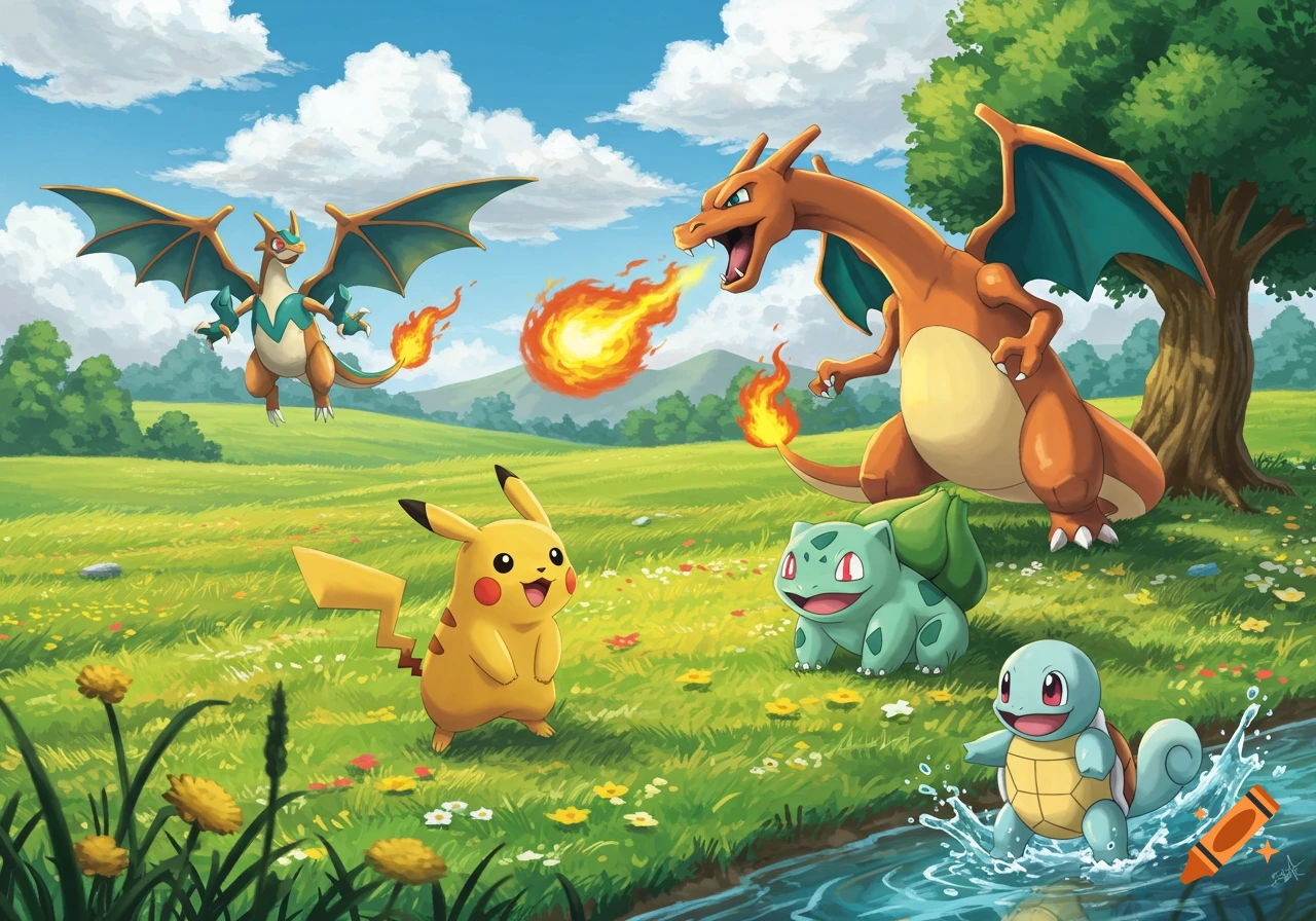 Pikachu, Charizard, Mega Charizard X, Bulbasaur, and Squirtle in a vibrant cartoon landscape. Charizard breathes fire, Squirtle splashes in a stream.